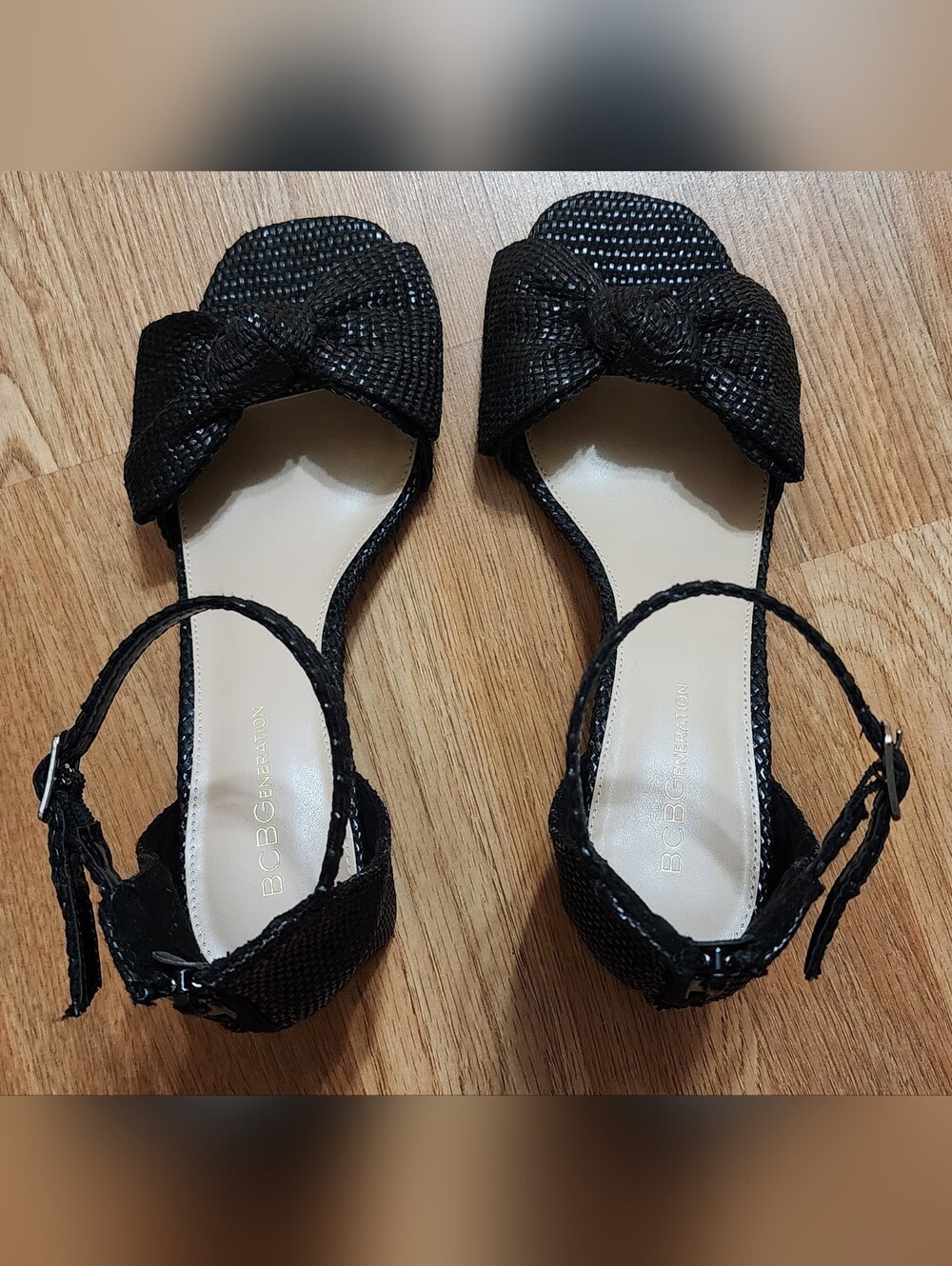 BCBGeneration Black Bow Woven Ankle-Strap Sandals Size 9
